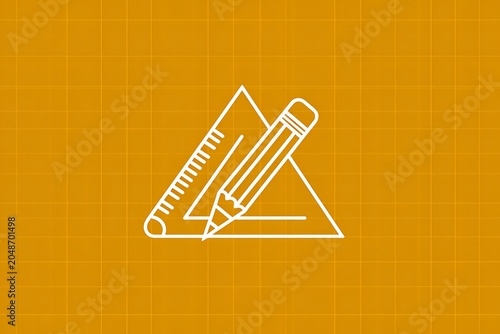 Minimalist vector icon of a pencil and triangle ruler on a graph paper grid background.