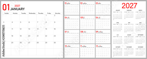 Planner calendar for 2027 year | 12 month calendar layout 2027 | Red minimal style annual planner for wall, desk and web | Abstract composition with notes area