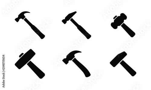 Hammer icon set. collection of various hammer tools in black silhouette design.