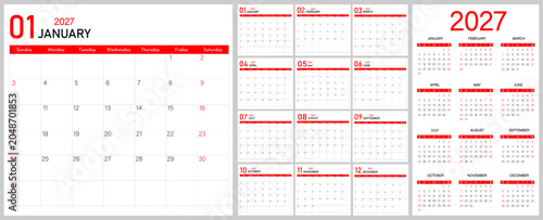 Monthly event calendar template for 2026 year for workspace, wall, web use | Journal schedule planner for 2026 year | Week Starts on Sunday | 12-month calendar template 2027 with annotation space