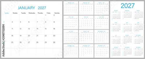 Realistic calendar design 2027 year | Week starts on Sunday | 12 months elegant English calendar 2027 minimal style with text area modern layout
