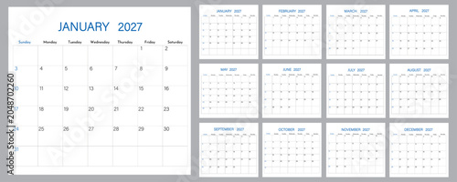 Realistic calendar design 2027 year | Week starts on Sunday | 12 months elegant English calendar 2027 for wall, desk, web calendar 2027 | Vector annual or monthly calendar 2027 with text box