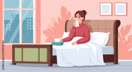 Woman sitting in bed blowing nose, feeling unwell, sick concept, home background