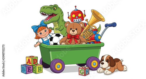 Fotografija Colorful toys and stuffed animals in green wagon, children's playtime concept, k