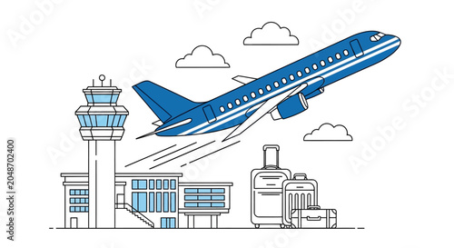 Airplane taking off from airport, travel concept, blue and white illustration