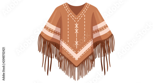 Brown poncho with white and orange pattern, bohemian fashion accessory, clothing item