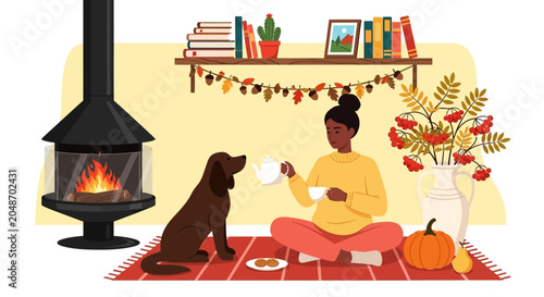 Woman sitting by fireplace with dog, autumn home cozy scene, thanksgiving concept