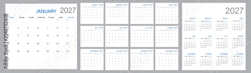 Monthly agenda calendar format for 2026 year for desk, wall, website use | Daily planner for 2026 year | Week Starts on Sunday | 12-month calendar template 2027 with remarks space