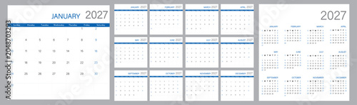 Schilderij op canvas Calendar 2027 planner modern layout template | Week starts on Sunday | Set of 12