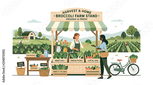 Woman buying broccoli at farm stand.