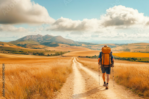 Lonely Pilgrim with backpack walking the Camino de Santiago, Way of St James