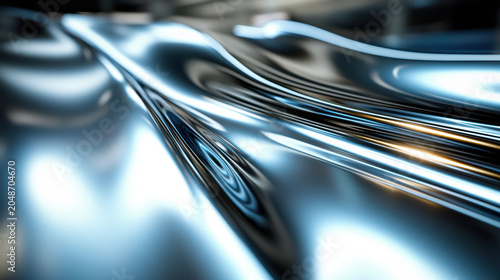 A polished, rippling surface reflects light creating abstract waves and curves, resulting in a mesmerizing and modern futuristic design with metallic textures.