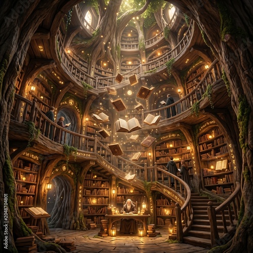 Magical ancient library inside a giant hollow tree with floating books and a wizard at a desk