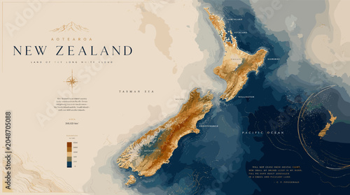 Quadro em tela A detailed topographic map of New Zealand, showcasing its diverse elevation and underwater topography with a vintage aesthetic