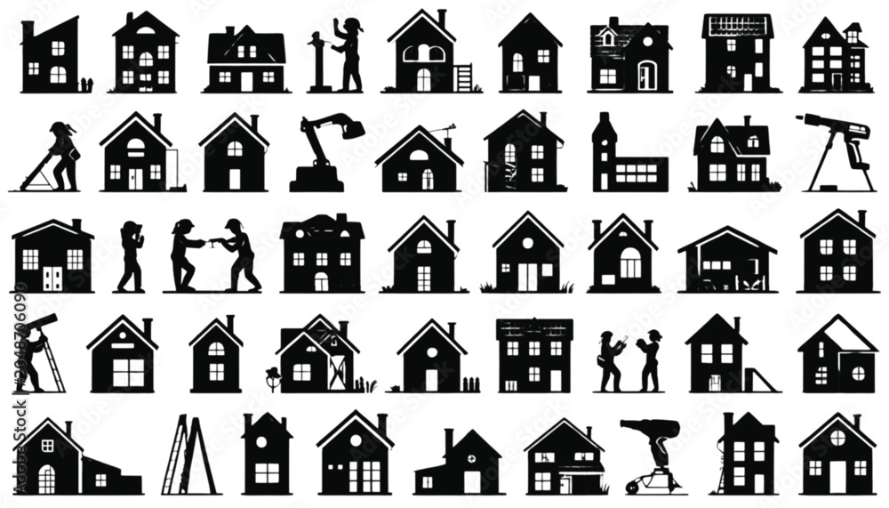 Fototapeta premium House construction icons display various residential buildings and contractors working on projects.