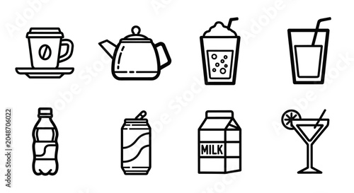 Obraz na płótnie Variety of Refreshing Drink and Beverage Icons in Clean Outline Style