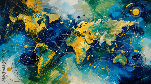 Obraz na płótnie Abstract digital painting of a stylized world map with interconnected nodes and lines, representing global networks and data flow