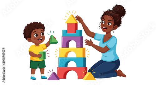 Mother and son building colorful block tower, family fun learning concept