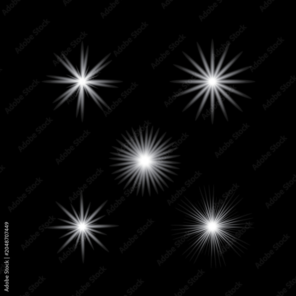 Fototapeta premium Abstract White Starburst Light Effect Collection on Black Background.