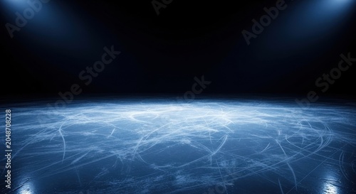 Empty Ice Rink Surface with Blue Light and Skate Marks in a Dark Arena