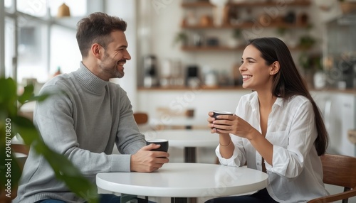 Smiling man and woman talking during coffee break at cafe with conversation lifestyle relationship socializing relaxation drinking caffeine beverage interaction dialogue communication