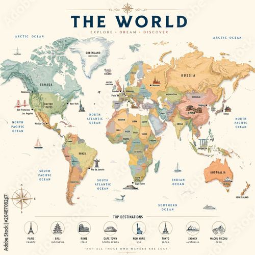 A beautifully illustrated world map showcasing continents, countries, oceans, and major cities with iconic landmarks at the bottom, perfect for educational and travel purposes.