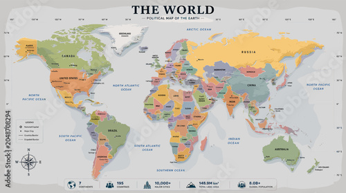 Bild auf Leinwand A detailed political world map showing continents, countries, oceans, and major bodies of water with clear labeling for easy geographical reference