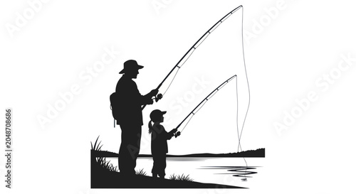 Obraz na płótnie Father and Daughter Fishing Silhouette at Sunset