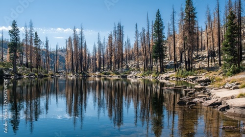 Dead trees reflected in a calm lake.