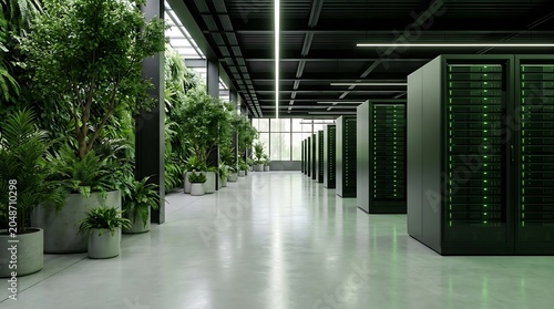 Modern data center with rows of server racks and integrated green plants, showcasing sustainable technology infrastructure and biophilic design.
