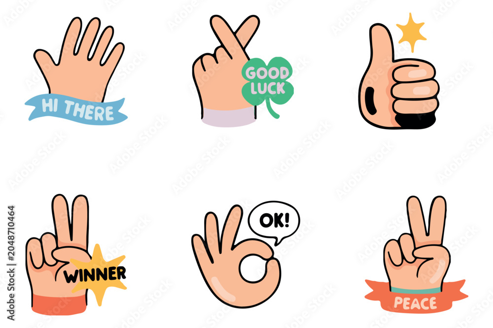 Fototapeta premium Six cartoon hands making different gestures and signs