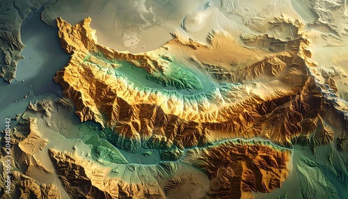 Detailed Topographic Map of a Mountainous Region with Varied Terrain.