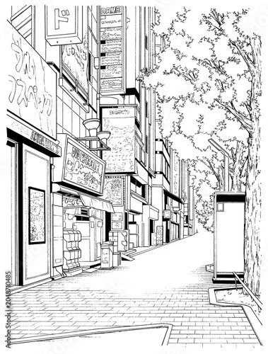 漫画風ペン画イラスト　繁華街_街並