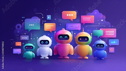 The multi-agent artificial intelligence concept, featuring a virtual chatbot icon and automated workflows, represents intelligent system collaboration and digital business transformation.