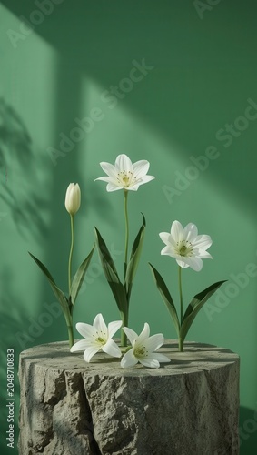 White Lily Flowers On Stone Pedestals With Minimal Green Background, Elegant Floral Still Life Arrangement