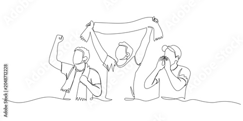 Single continuous line drawing of football supporters cheering in a stadium. Excited fans waving flags and holding scarves, celebrating victory and team spirit.
