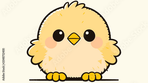 Fényképezés Adorable fluffy yellow cartoon chick with big black eyes and a small orange beak, depicted in a cute and simple illustration style