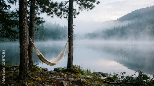 Tranquil Hammock by Misty Lake Surrounded by Lush Forest Landscape