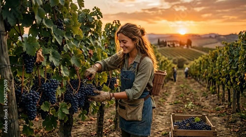 Woman Harvesting Grapes in Vineyard at Sunset with Scenic View