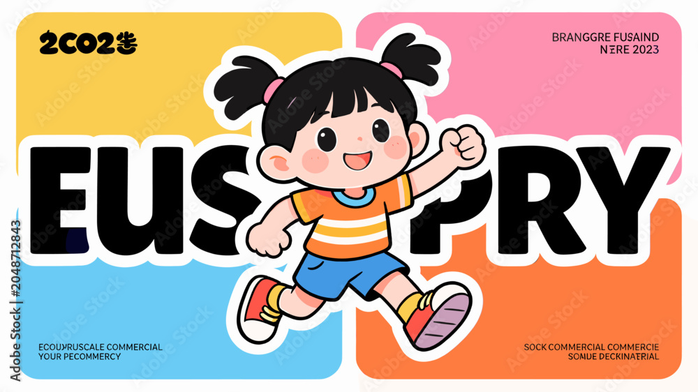 Naklejka premium A vibrant and playful illustration of a happy cartoon girl running, set against a colorful background with text elements.