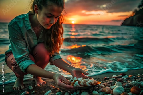 Young Woman Collecting Shells by the Ocean at Sunset