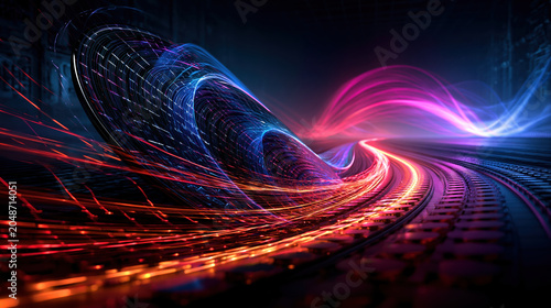 Abstract semiconductor factory floor race with glowing light trail and data tunnel, futuristic industry concept