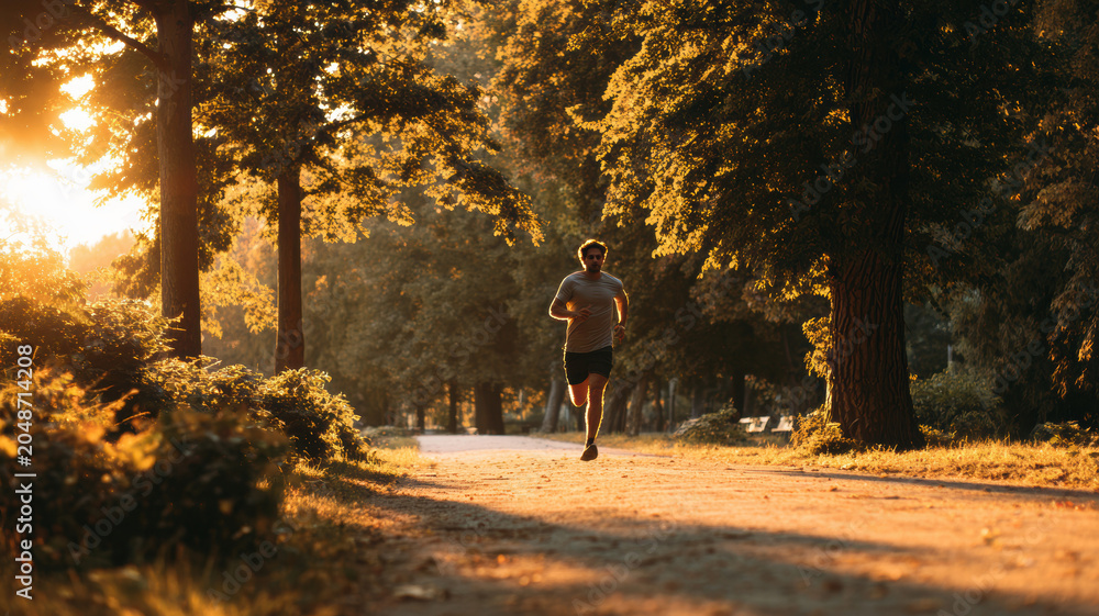 Fototapeta premium Cardio sports exercise, healthy lifestyle. A man jogging down a path in a park at sunset, surrounded by trees and illuminated by the warm, golden light of the setting sun.
