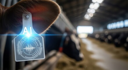 AI-powered smart tag on cow ear in modern farm, symbolizing livestock technology and data management