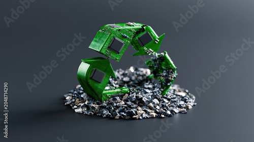 Circular economy electronics concept with green chip parts and metal scrap, recycling symbol on dark background