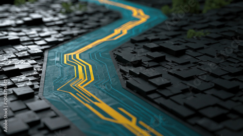 Digital circuit path abstract technology route glowing line black block futuristic landscape data flow network connection innovation concept
