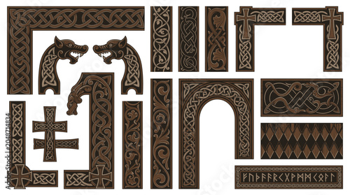 Medieval Scandinavian Stave Church Carved Wood Border Frame Vector Set with Dragon Head Viking Interlace Urnes Beast Serpent Christian Cross Runic Acanthus and Norse Design