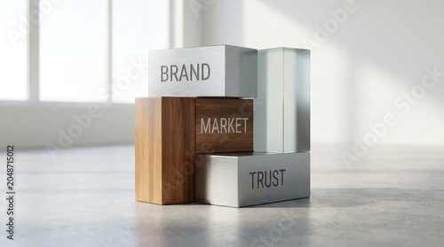 Brand strategy concept with blocks labeled brand market and trust