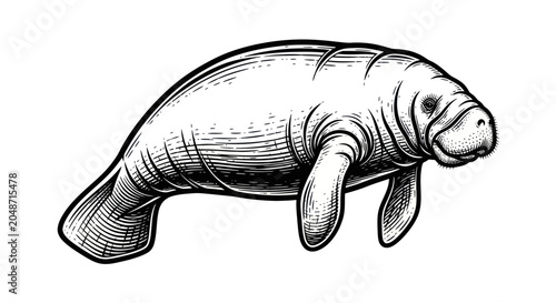Tableau sur toile Manatee Illustration - Vintage Engraving Style Sea Cow