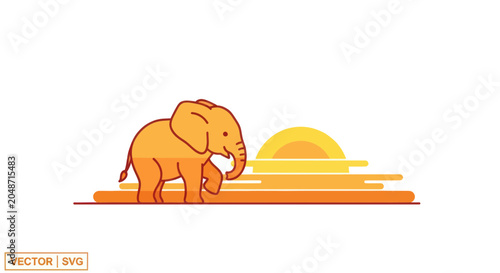 Slika na platnu Orange Elephant Walking at Sunset, Flat Design